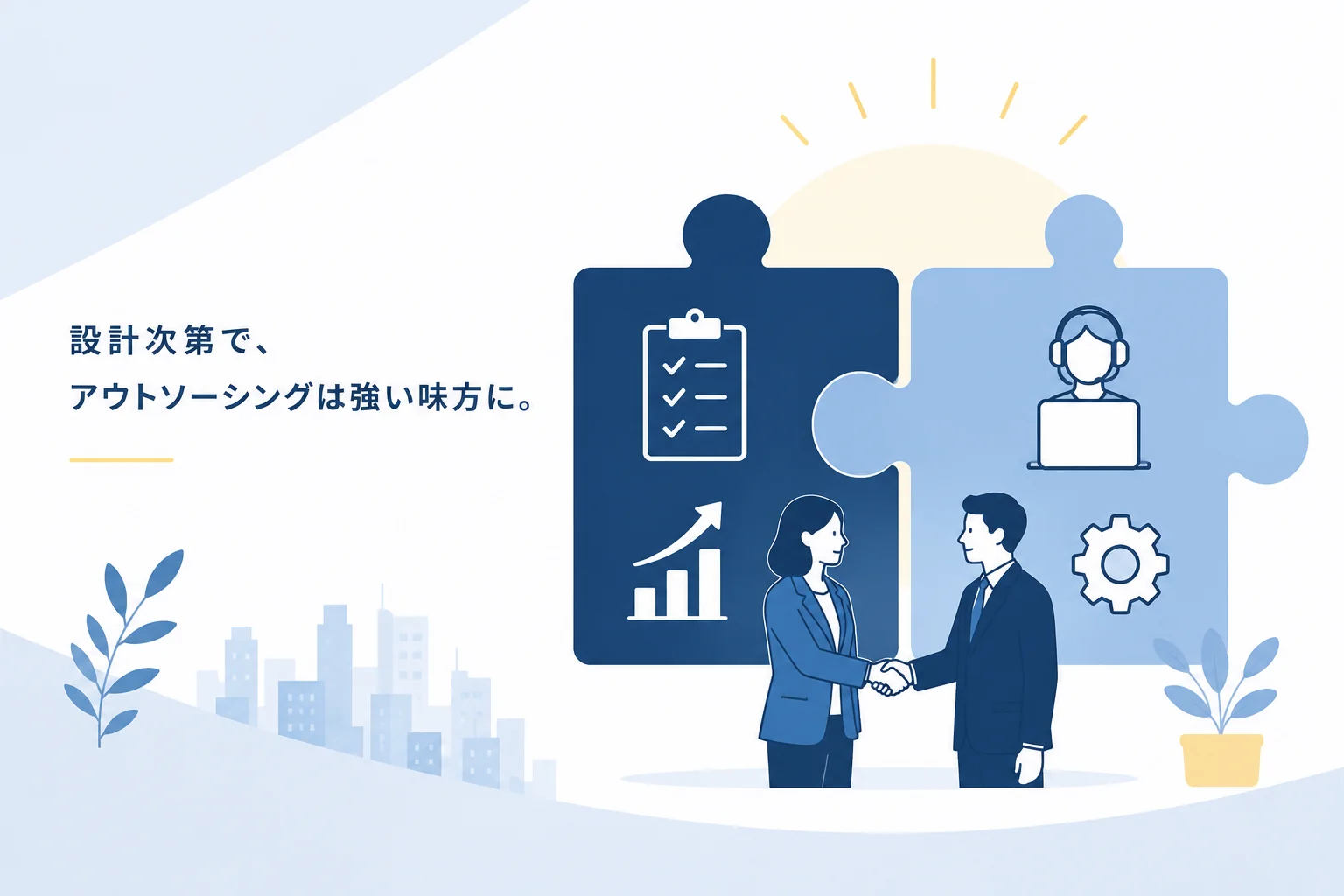 パズルのピースが組み合わさり、担当者同士が握手をしているイメージ図。「設計次第で、アウトソーシングは強い味方に。」というキャッチコピーが添えられている