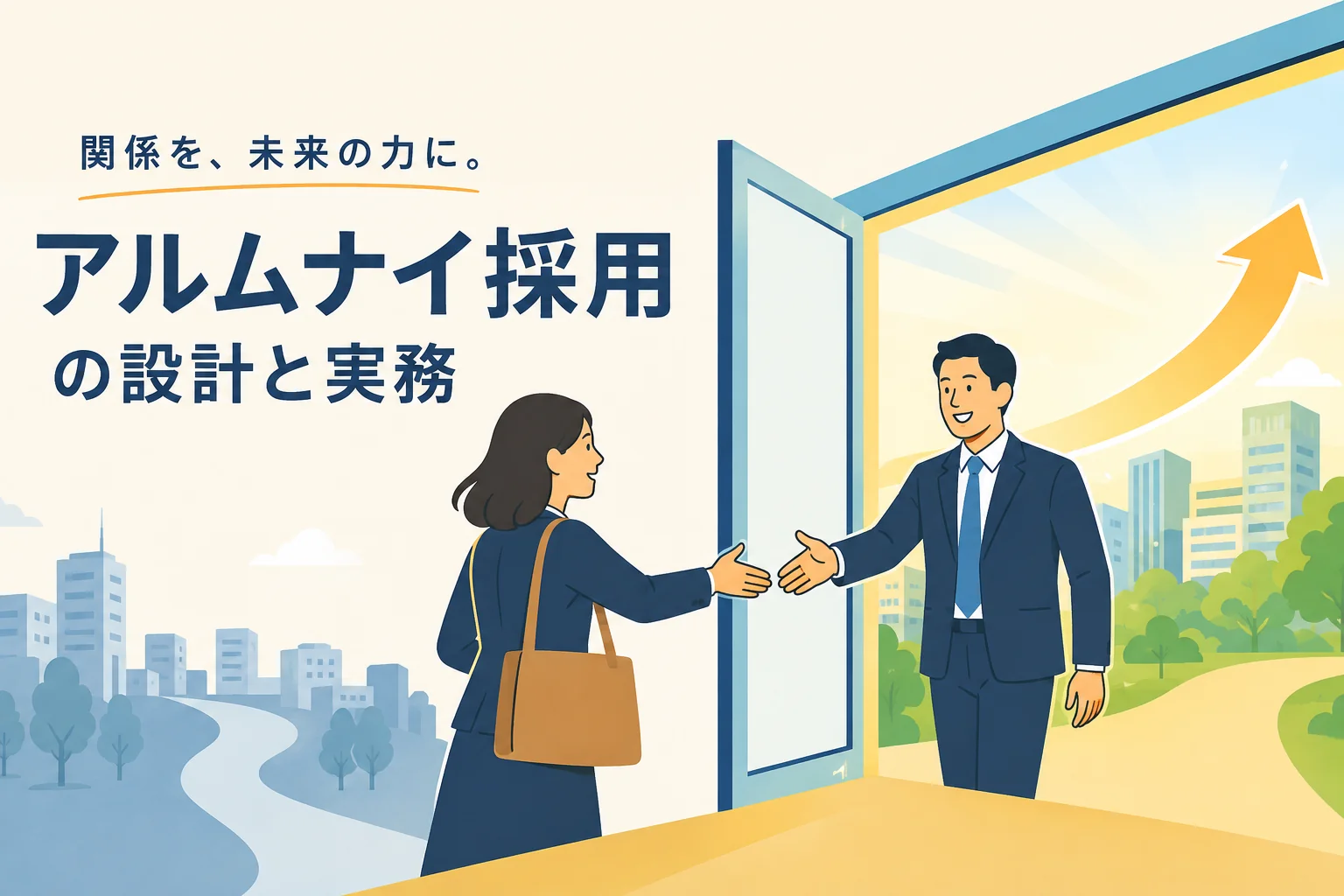 「関係を、未来の力に。」というコピーとともに、退職した女性社員と会社の男性社員が開いたドア越しに握手を交わす、アルムナイ採用の設計と実務のイメージ図