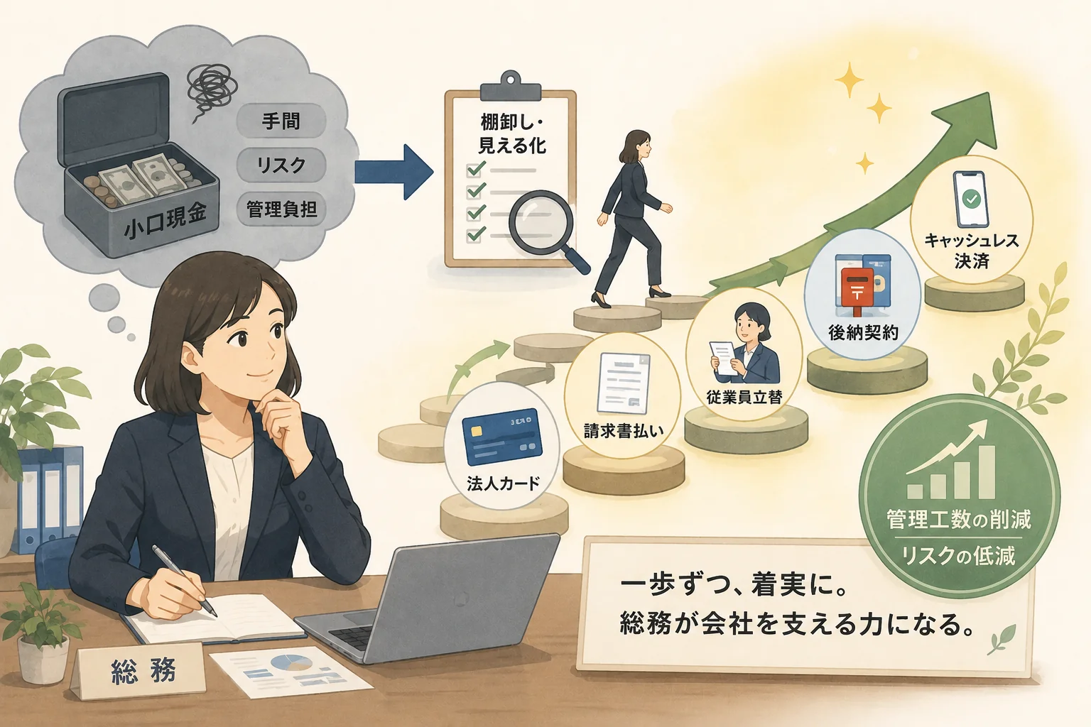 「小口現金」に伴う手間・リスク・管理負担を棚卸し・見える化した上で、法人カード・請求書払い・従業員立替・後納契約・キャッシュレス決済へ一歩ずつ置き換え、管理工数の削減とリスクの低減につなげる総務担当者のイメージ図