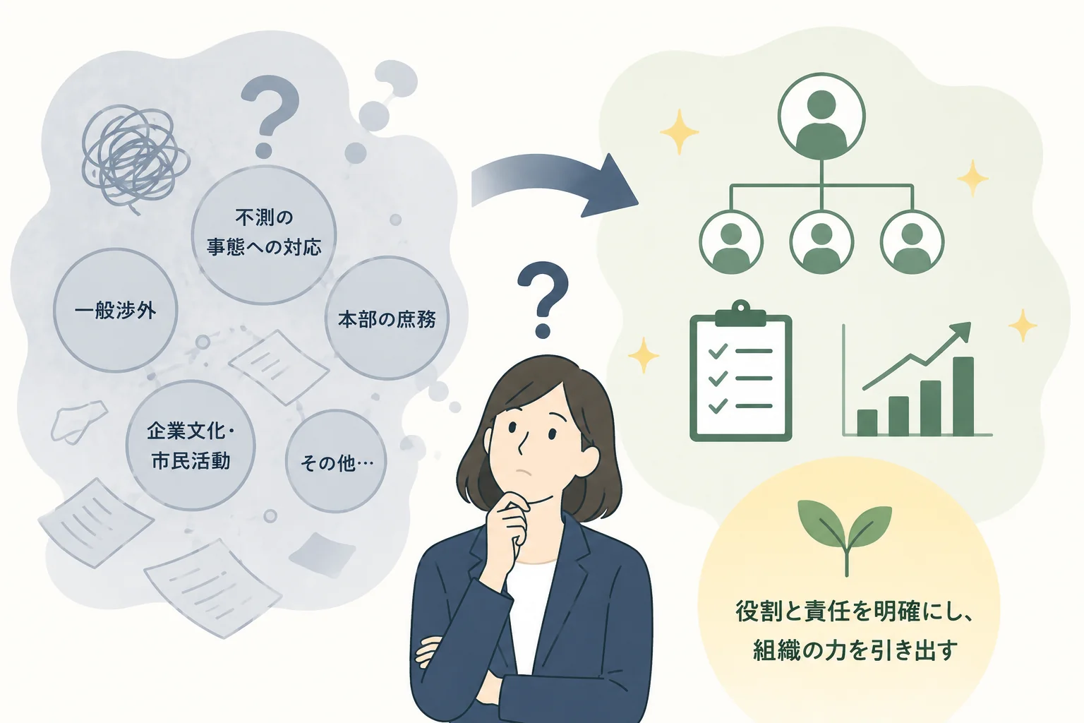 「不測の事態への対応」「一般渉外」「本部の庶務」「企業文化・市民活動」など曖昧な言葉が渦巻く総務の業務分掌から、担当者・組織図・チェックリスト・グラフとともに役割と責任が整理された状態へ矢印で変化するイメージ図