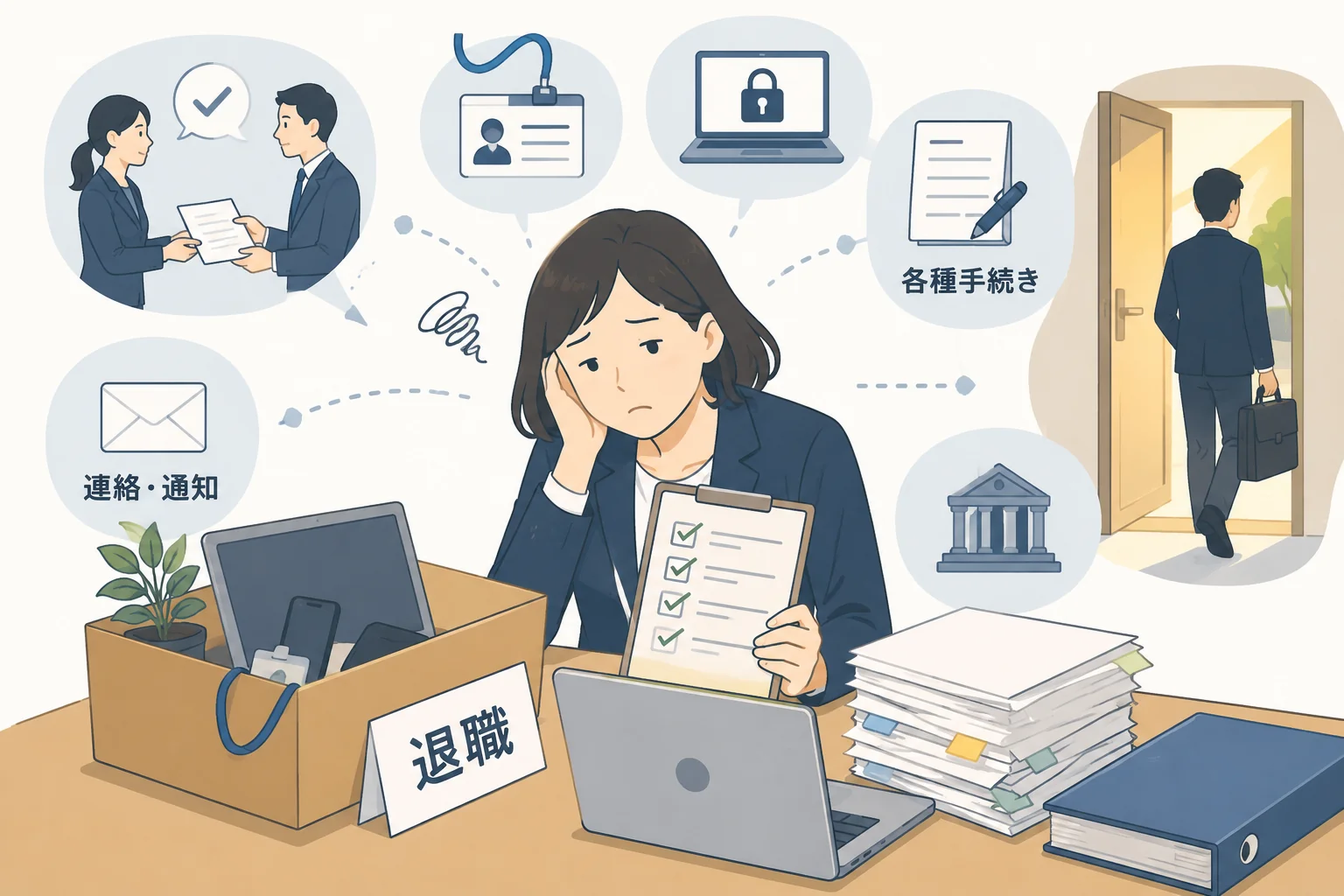 「退職」の札が立つ段ボール箱、書類を渡すやり取り、連絡・通知のメールアイコン、各種手続きの書類アイコン、社会保険関連の建物アイコンに囲まれながら、扉から出ていく退職者の後ろ姿を見つめ考え込む総務担当者のイメージ図