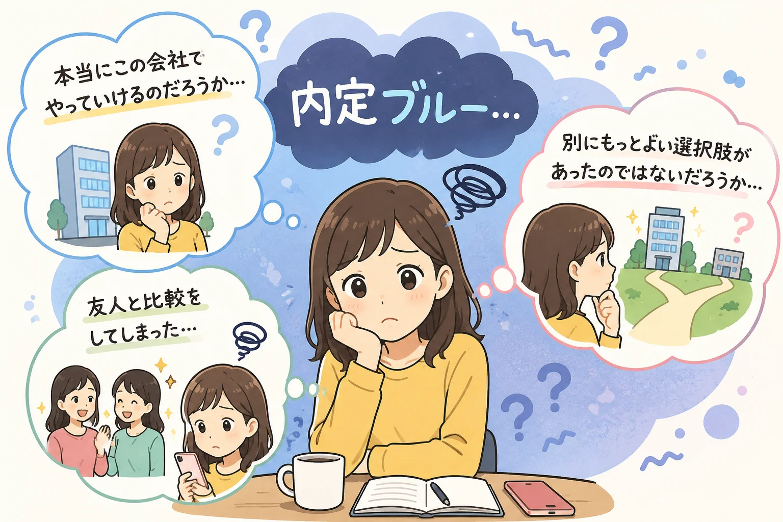 「内定ブルー」を表すイメージ図。「本当にこの会社でやっていけるのだろうか」「別にもっとよい選択肢があったのではないだろうか」「友人と比較をしてしまった」という不安を抱え、頬杖をついて考え込む内定者の様子